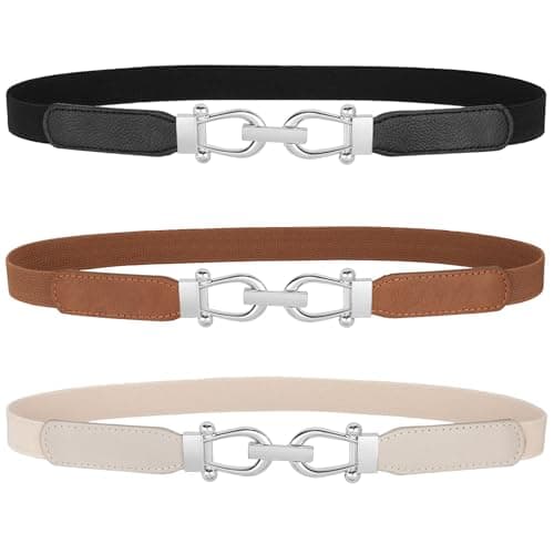 JASGOOD Women Skinny Elastic Belt for Dresses,Thin Retro Stretch Waist Belt with Silver Buckle 3 Pack,Black+Brown+Beige - Image 1