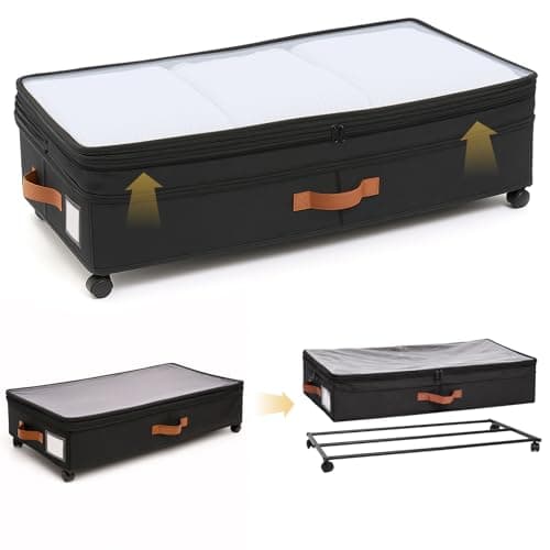 AVOKIHI 2 Pack Under Bed Storage with Wheels (Adjustable Height 7.9"-9.5"), 75L Rolling Underbed Storage Containers, Collapsible Metal Frame & Washable Fabric Drawer for Clothes, Shoes, Blankets