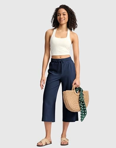 Soothfeel Women's Capri Pants Loose High Waisted Wide Leg Lightweight Travel Hiking Pants for Women Casual Summer with Pocket Navy M - Thumbnail 6