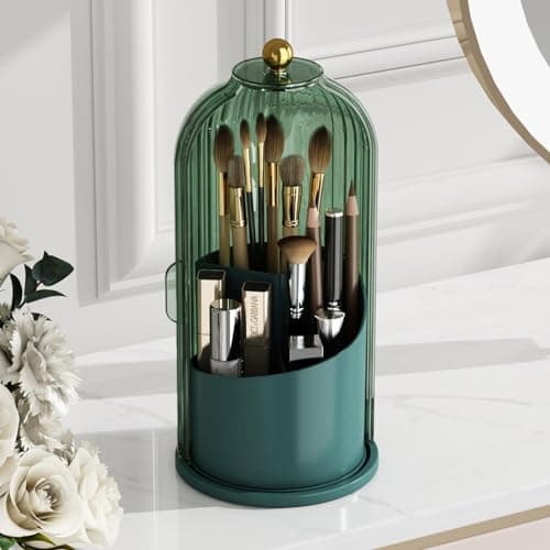 ZHUSSZHU Makeup Brush Holder with Lid Cosmetic Tools Organizer 360 Rotating Waterproof Dustproof Beauty Brushes Storage for Vanity, White Malachite green - Image 1