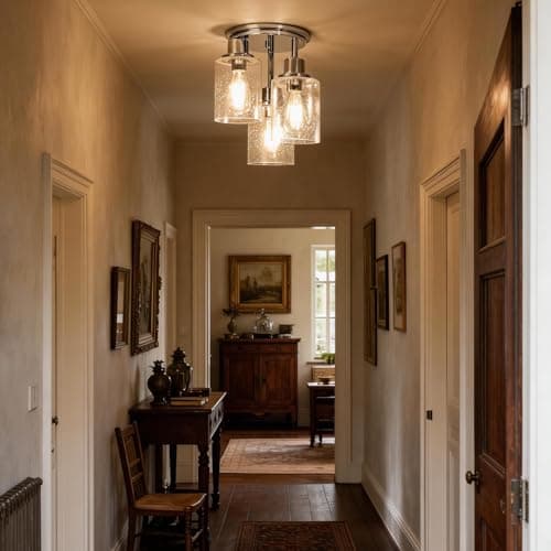 Semi Flush Mount Ceiling Light, 3-Light Close to Ceiling Light Fixtures, Electroplating Chrome Finish with Clear Seeded Glass Shade Chandelier Lighting for Stairs Porch Hallway Entryway Kitchen - Thumbnail 5