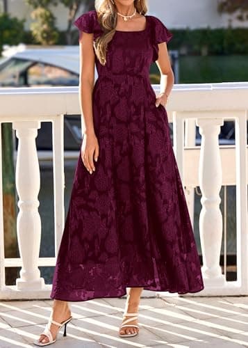 KIRUNDO Cocktail Dresses for Women Elegant Wedding Guest Summer Formal Maxi Lace Floral Slit Prom Party Bridesmaid Dress (Burgundy, Medium) - Thumbnail 4