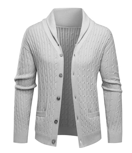ALLOVIN Mens Cable Knit Cardigan Sweater Shawl Collar Long Sleeve Button Down with Pockets Casual Business Wear Fall Winter | Gray | Large - Image 1