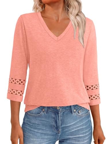 GKBK 3/4 Length Sleeve Womens Tops Dressy Casual Blouses for Women 2026 Trendy Beach Vacation Business V Neck Outfits Tshirts T Shirts Spring Summer Fashion Clothes Coral S - Image 1
