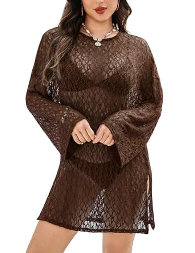Totatuit Sheer Lace Swimsuit Coverup for Women Bohemian Long Sleeve Beach Dress Bathing Suit Bikini Cover Ups Brown - Image 1