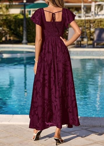 KIRUNDO Cocktail Dresses for Women Elegant Wedding Guest Summer Formal Maxi Lace Floral Slit Prom Party Bridesmaid Dress (Burgundy, Medium) - Thumbnail 3