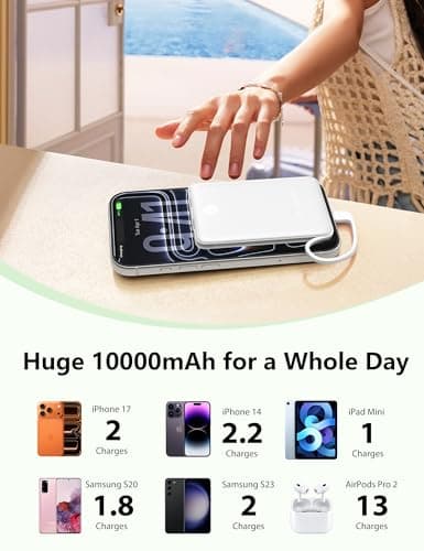 miisso 10000mAh Mini Portable Charger with Built in Cable, Pocket Size Power Bank Travel External Battery Pack for Phone, 3 Output USB Type C Cord Clutch Compatible with iPhone, Samsung, White - Thumbnail 3