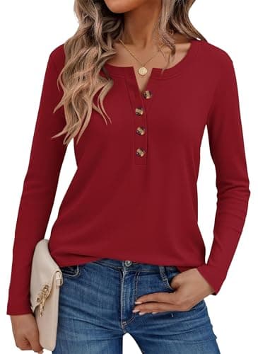 WNEEDU Winter Clothes for Women Warm Button Down Henley Long Sleeve Shirt Fall Fashion Casual Sweatshirt(Red,XL) - Image 1