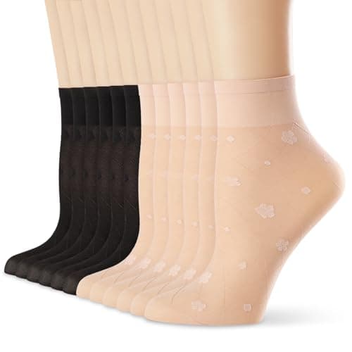 VIBCICY 12 Pairs Womens Sheer Nylon Ankle Socks,Nude Thin Tight Stockings for Summer,See Through Silk with Mesh Floral Crew Socks - Image 1