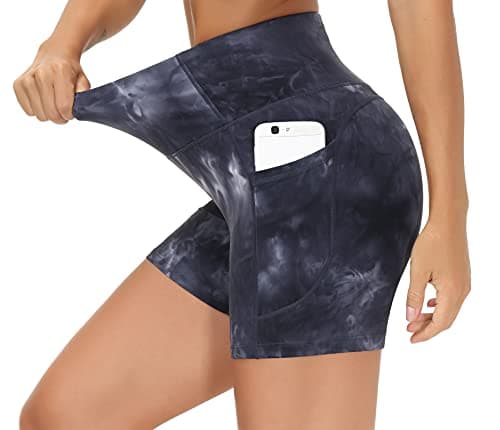 THE GYM PEOPLE High Waist Yoga Shorts for Women Tummy Control Fitness Athletic Workout Running Shorts with Deep Pockets (Medium, Tie Dye Black Grey) - Image 1