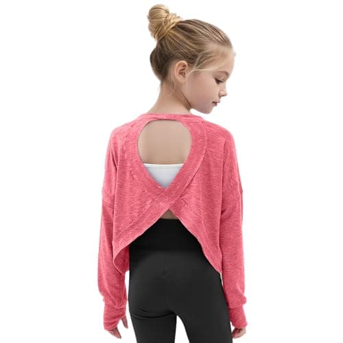 Gogokids Girls Shirts Long Sleeve Athletic Shirts Open Back Tops Active Sports Tshirts Yoga Workout Crop Tees, Rose, 5-6 Years - Image 1