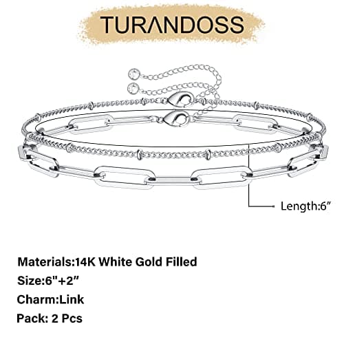 Turandoss Silver Bracelets for Women, 14K Gold Plated Layering Oval Chain Silver Bracelet Cute Silver Layered Beads Chain Silver Bracelets for Women - Thumbnail 2