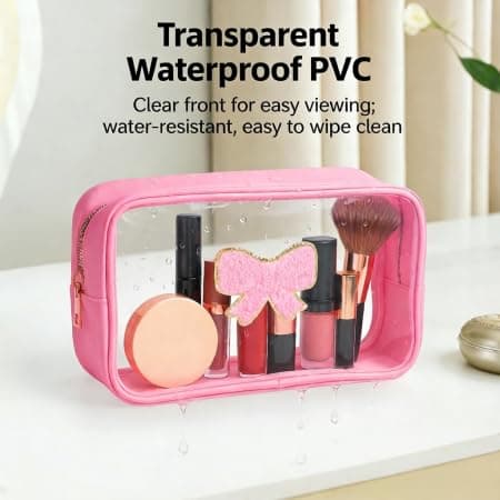 DegoCython Pink Bow Transparent Cosmetic Bag for Women & Girls - Waterproof PVC Makeup Pouch with Smooth Rose Gold Metal Zipper, Cute Coquette Style Travel Organizer, Ideal Birthday Gift - Thumbnail 3