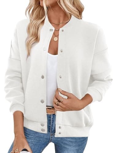 GEMLON Womens Button Down Sweatshirts Jackets Long Sleeve Casual Loose Outwear with Pockets White XL - Image 1