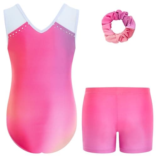 Gogokids Girls Gymnastics Leotard Set with Shorts, Sparkly Rhinestone Gradient Mesh Dance Outfit for Ballet Training, Blue Black, 6-7 Years - Thumbnail 2