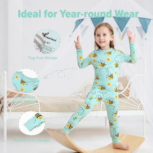 NewSeed So Soft Kids 2-Piece Bamboo Outfit Set – Long Sleeve Top & Leggings, Cozy Thermal Underwear for Boys & Girls (Bee, 7-8Y) - Thumbnail 5