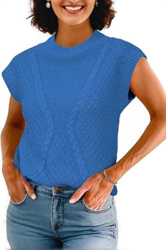 Arach&Cloz Womens Spring Sweater Vest 2025 Cap Sleeve Crew Neck Casual Tops Cable Knit Crochet Loose Fit Summer Outfits Royal Blue L