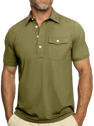 JEMLDL Short Sleeve Polo Shirts for Men Summer Quick Dry Stretch Slim Fit Golf Shirt with Pocket 4 Button Placket Olive L - Image 1