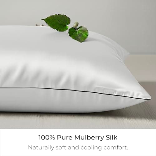 Mellanni Pure Silk Pillowcase Standard Size - Perfect for Hair and Skin, Preventing Wrinkles - Easy Care - Naturally Cooling Silk Pillow Cover with Hidden Zipper (Standard, White, Black Piping) - Thumbnail 2
