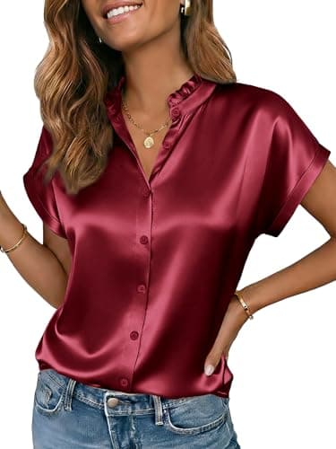 Funlingo Womens Silk Satin Button Down Shirts Short Sleeve Ruffle Collar Blouses Business Casulal Work Tops Summer Fashion Clothes Wine Red L - Image 1