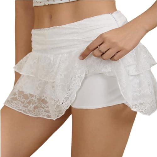 dzmelzu Lace Mini Skirt, Y2K Lace Layered Ruffle Skirts, A Line Cute Ruched Skirt with Shorts, Women’s Tiered Skirt White - Image 1