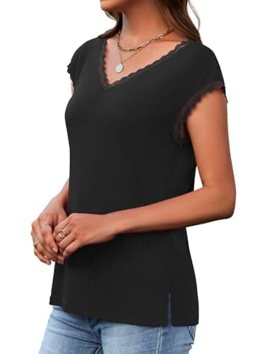 JUSTFASHIONNOW Lace Blouse Soft Cap Sleeve Tops for Women Summer V Neck Tank Tops Dressy Casual Black Shirts Trendy Clothes(Black,Medium) - Thumbnail 4