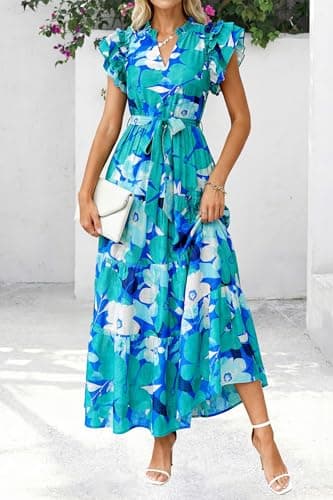 dowerme Women Summer Maxi Dresses 2026 Ruffle Sleeve V Neck Floral Boho Long Dress Belted Tiered Sundress with Pockets(Floral Blue Green,Large) - Thumbnail 2