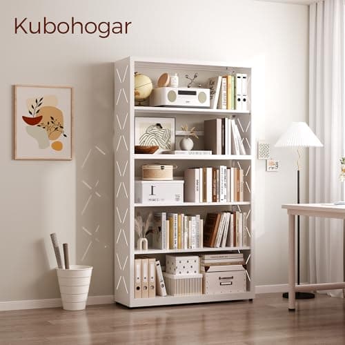 Kubohogar Book Shelf, 5 Tier Metal Bookshelf with Adjustable Shelves, Open Shelf Bookcase for Home Office & Living Room, CD Storage Racks, White 31" Wide - Thumbnail 4