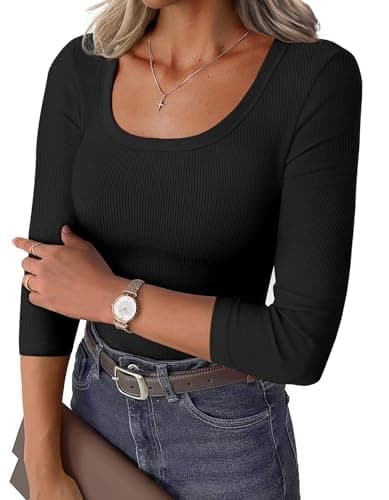 GKBK Womens 3/4 Sleeve Scoop Neck Tops Ribbed Knit Slim Fitted Casual Basic Tee Shirts 2026 Fall Summer Fashion Trendy Work Casual T-Shirt Workout Outfits Thermal Undershirts Layering Clothes Black M - Image 1