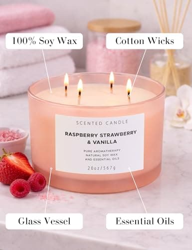 Raspberry Strawberry Vanilla 4-Wick Scented Soy Candle | 100+ Hour Burn | 20 oz Large Sweet Berry Vanilla Scented Candle for Home | Relaxing Aromatherapy Candle | Strong Throw | Gift Ready - Thumbnail 4