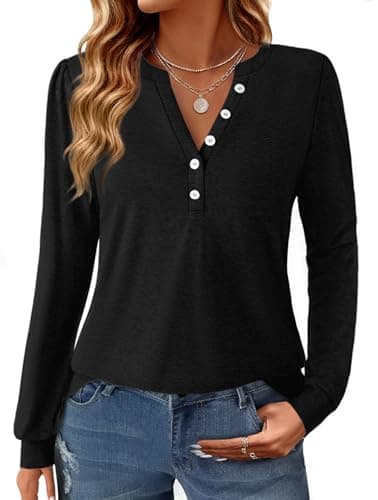 GKBK Women's Puff Long Sleeve Tunic V Neck Button Blouses Fall Tops Trendy Dressy Casual Business Henley Shirts Black XL - Image 1
