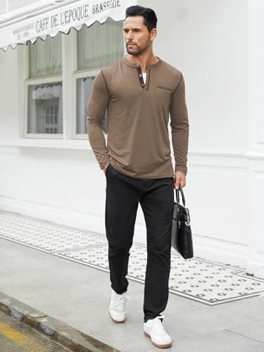 Hardaddy Men's Color Contrast Henley Shirt Long Sleeve Button T-Shirt Lightweight Henley Tshirt for Men Basic Pullover Shirt with Pocket Coffee 3XL - Thumbnail 4