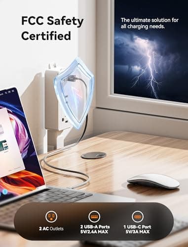 Blueera Electrical Outlet Extender Stick Features USB-C, 2 USB-A, 2AC Outlets, 17"-36" Extandable Outlet Access Hard-to-Reach, 4-Way Wall Plug Power Socket Extender Behind Couch, Nightstands-1 Pack - Thumbnail 2