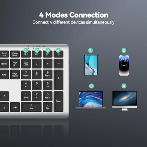 TECKNET Bluetooth Keyboard Rechargeable, 4-Device Free Switching (2.4G+BT), Ultra-Slim Full Size Wireless Keyboard, Quiet Typing, for PC/Laptop/Smart TV/Phone, Adjustable Stand, 12 Multimedia Keys - Thumbnail 2
