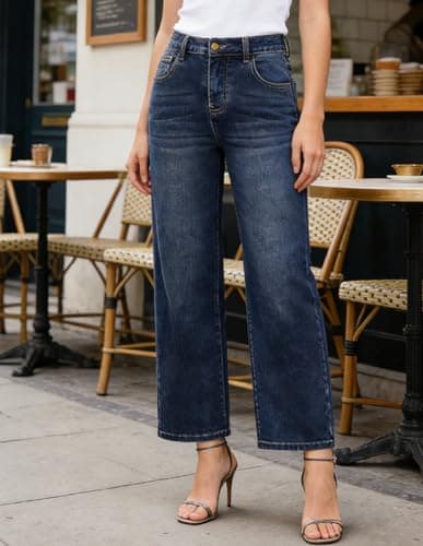 Belle Poque Women Dark Blue Wide Leg Jeans Stretchy Mid Rise Straight Leg Jeans with Pockets (Dark Blue, 10) - Thumbnail 2