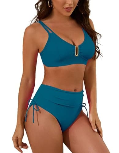 Nillocco Womens High Waisted Bikini Sets 2 Piece Curvy Modest Tummy Control Swimsuits Couture U-Wire Beach Swim Bathing Suit Blue Green Large - Image 1