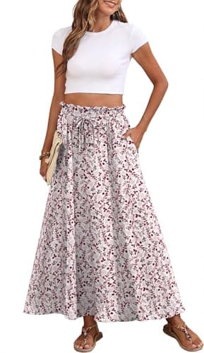 Askyes Womens Skirts Summer High Waisted A-Line Casual Work Flowy Swing Long Skirts with Pockets,White Rambler,XL - Image 1