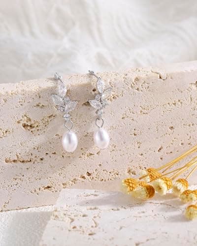 Pearl Earrings for Women, Trendy Silver Pearl Diamond Earrings Bridal Shower Gifts Wedding jewelry for Women - Thumbnail 4