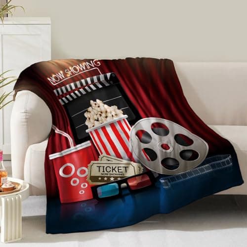 Movie Theater Theme Blanket Gifts for Women Girls Boys Men Cinema Clapboard Film Popcorn Print Presents for Kids Adults Teen Birthday Christmas Decor Home Couch Sofa Soft Cozy Flannel Throw 60"x50" - Image 1