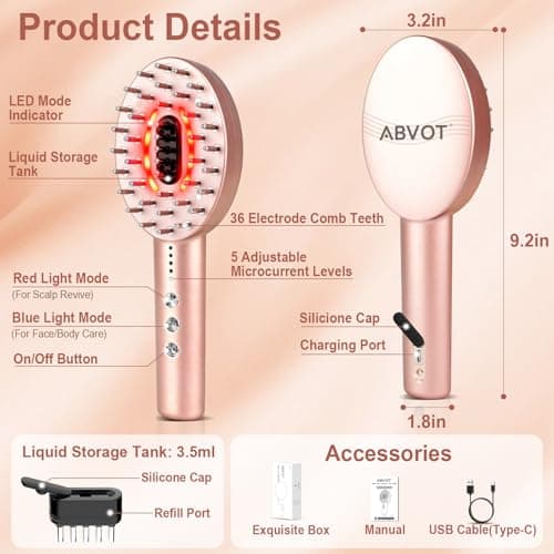 ABVOT 3-in-1 Electric Scalp Massager with Hair Oil Applicator, Red & Blue Light Modes, Vibrating Massage Tool for Scalp/Face/Body Relaxation, Portable Scalp Massager Brush for Travel (Rose Gold) - Thumbnail 6
