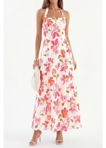 KIRUNDO Women's Summer Sleeveless Halter Floral Maxi Dress 2026 Beach Wedding Guest Cocktail Mesh Flowy A Line Long Sundress(White, Small) - Thumbnail 2