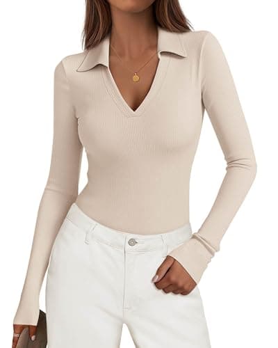 KIRUNDO Polo Shirts for Women Long Sleeve Business Casual Tops 2026 Spring Fall Ribbed Knit Collared V Neck Slim Work Blouses(Apricot, X-Small) - Image 1
