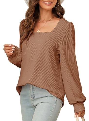 Dokotoo Women's Tops Cute Square Neck Ribbed Knitted Long Sleeve Solid Color Sweatshirt Fall Fashion 2024 Waffle Knit Shirt Tops Casual Striped Tunic Blouses Brown Small - Image 1