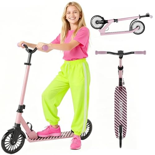 Scooter for Kids, Lightweight Foldable Kick Scooter, 4-Level Adjustable Handlebar, 8-Inch Large Wheels with Shock Absorption, for Ages 6 and Up (Light Pink) - Image 1