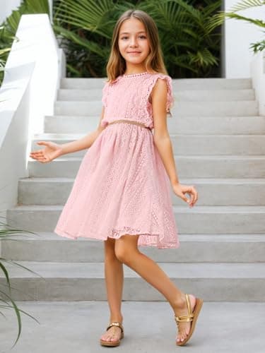 ALLOVIN Toddler and Girls Vintage Boho A-Line Lace Dress with Belt Pom Pom Trim Birthday Party Dress | Pink | 6-7Y - Thumbnail 3