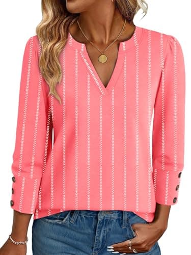 NORACORA Womens Tops 3/4 Sleeve Printed Dressy Casual Blouses for Women V Neck T Shirts Beach Vacation Boho Floral Spring Summer Outfits Pink Stripes L - Image 1