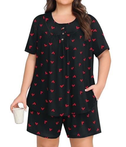 Lastshe Women Plus Size Pajama Set Summer Short Sleeve Shorts Henley Neck Pjs 2 Piece Soft Lounge Set with Pockets Sleepwear,Black Red Heart-4X - Image 1
