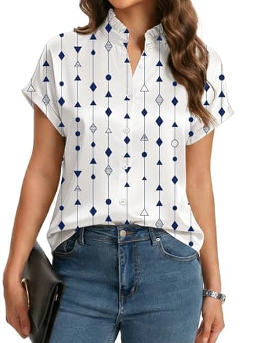 Funlingo Womens Tops Short Sleeve Button Down Shirts Dressy Casual Ruffle Collar Satin Silk Blouses 2026 Summer Fashion Clothes Geometric White 2XL - Thumbnail 4