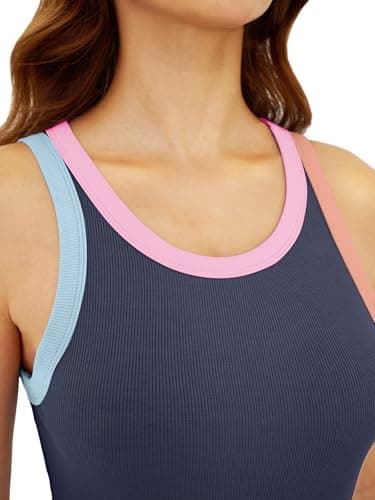 GKBK Womens Colorblock Ribbed Tank Tops Crewneck Fitted Cute Sleeveless Racerback Basic Casual Summer Cami Shirts Navy - Thumbnail 3