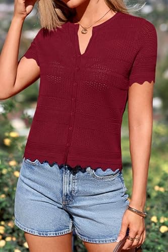 dowerme Women Summer Cardigan Sweaters 2026 Fashion Short Sleeve V Neck Crochet Crop Tops Spring Beach Vacation Clothes(Burgundy,Large) - Thumbnail 4
